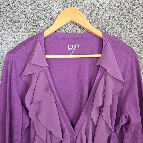 LOGO Lori Goldstein Cardigan Womens Medium Purple Button Up Ruffle Casual Ladies - Picture 4 of 7